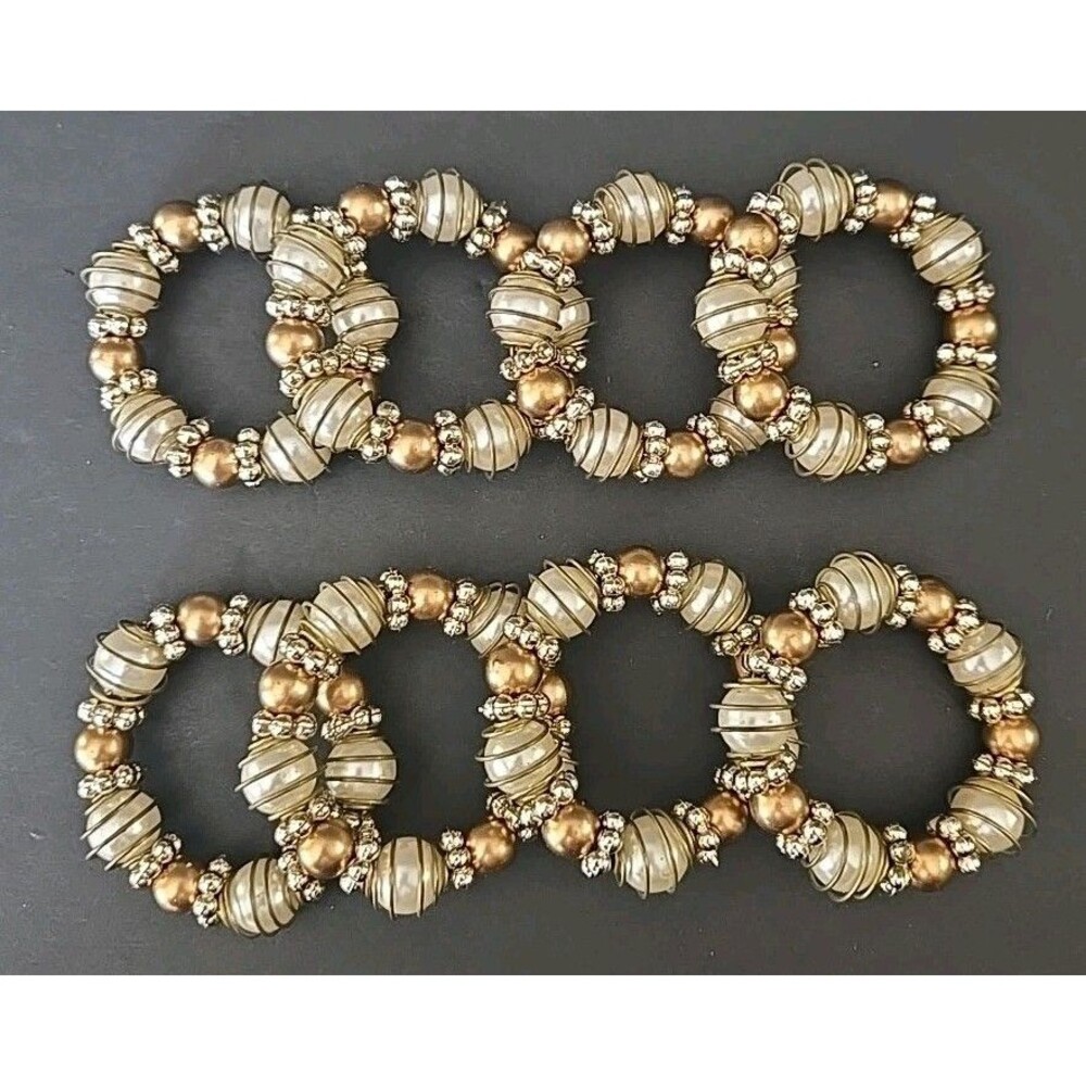 Vintage Beaded Citrine Gold Colored Napkin Rings Holders Set of 8 Retro Pre-own